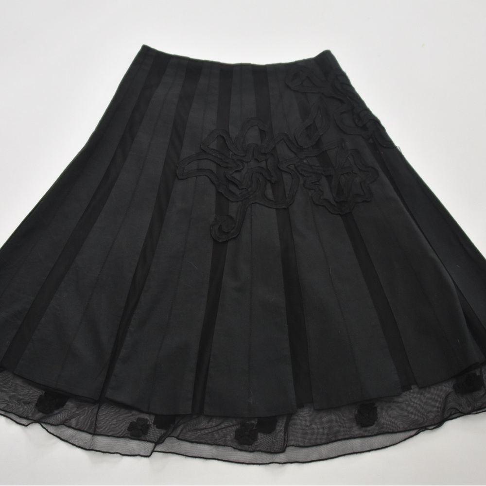 Black Midi A-Line Skirt with Pleated Embellishments